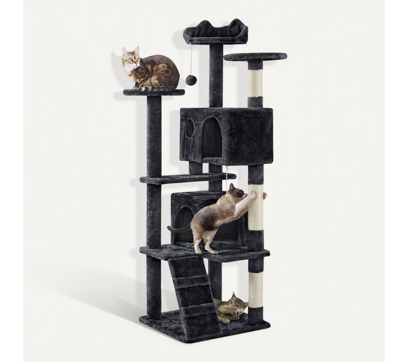 Arbre à Chat Avec 2 Niches 3 Plateformes 2 Boules Hauteur 158cm Noir