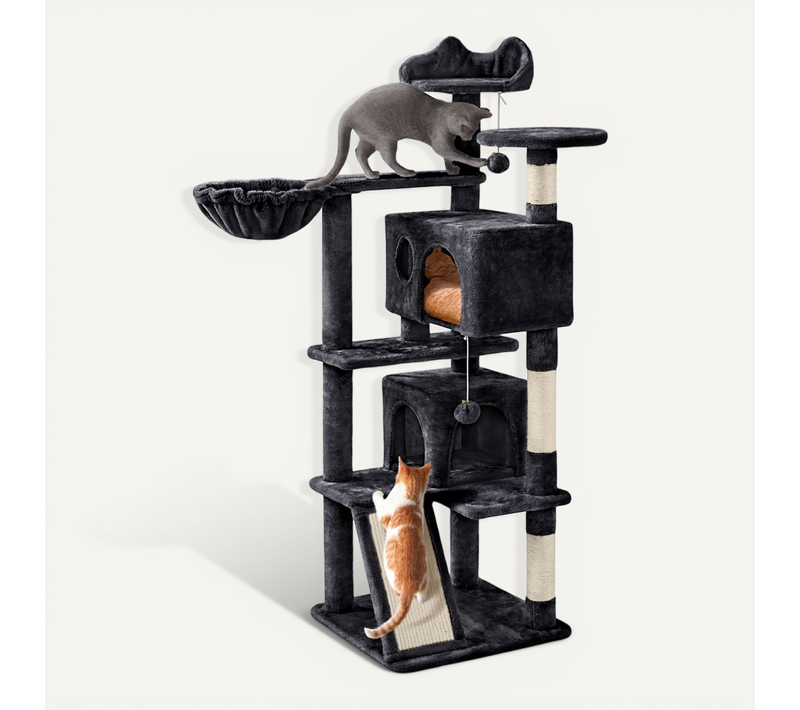 Arbre à Chat Panier Perchoirs Rampe Poteaux En Sisal Boule Suspendue Noir