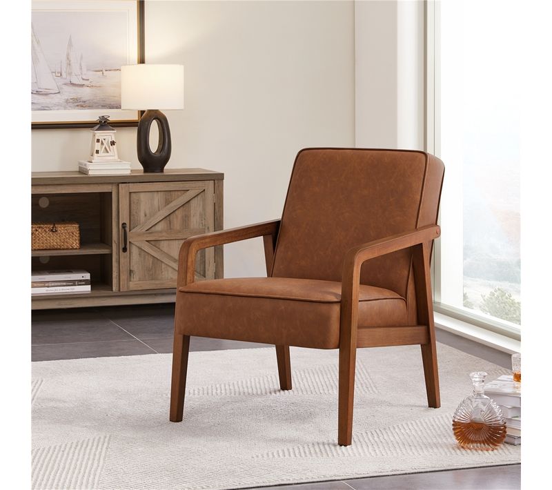 Fauteuil De Salon Moderne Du Milieu Du Siècle Chaise D’appoint En Similicuir Cadre Métal Marron