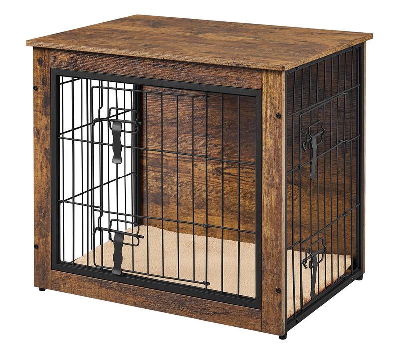 Cage Pour Chien En Bois Avec 2 Portes à Double Serrure Et Tapis Pelucheux, Brun Rustique