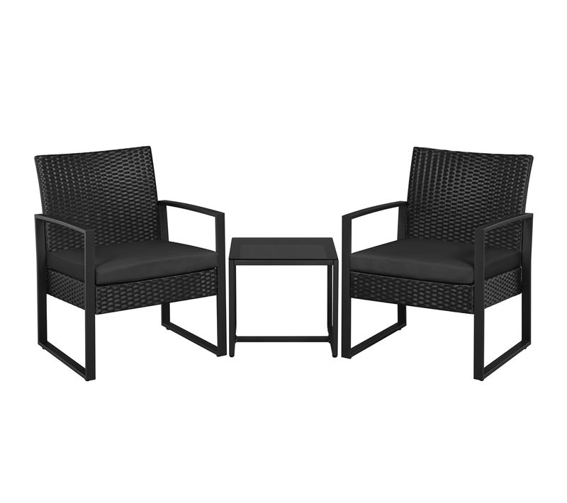 Ensemble Mobilier De Jardin En Rotin Polyester Et Métal 1 Table Basse Et 2 Fauteuils, Noir