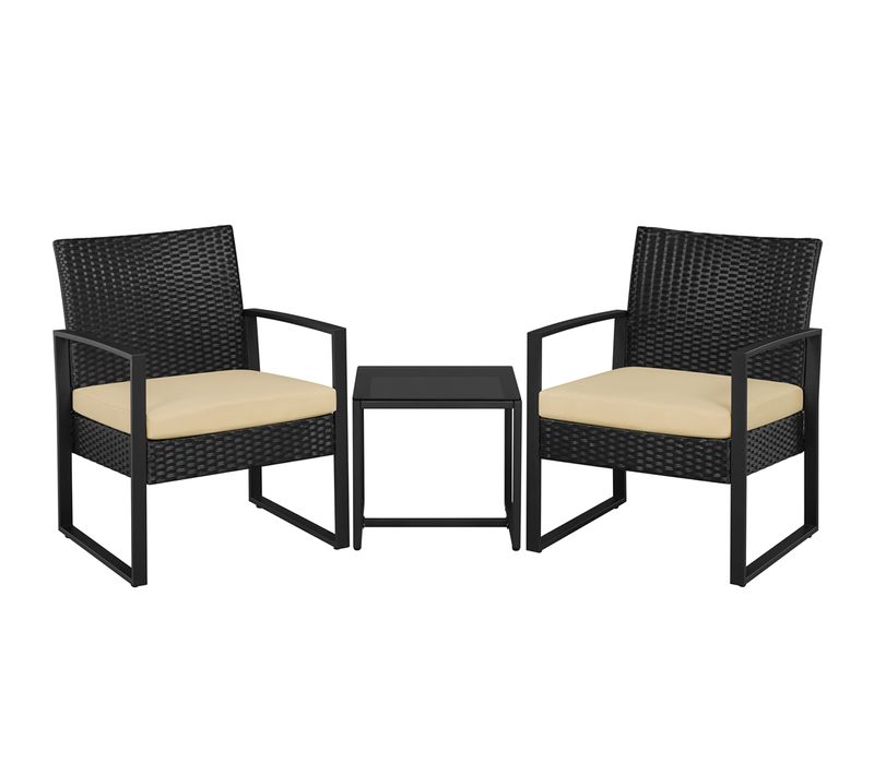 Ensemble Mobilier De Jardin 3 Pièces En Rotin Avec Table Basse Et 2 Fauteuils, Noir/kaki