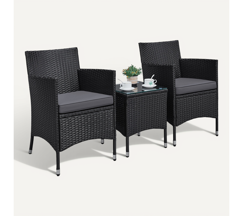 Salon De Jardin 2 Personnes En Rotin Polyester Avec 1 Table Basse Et 2 Fauteuils, Noir/gris