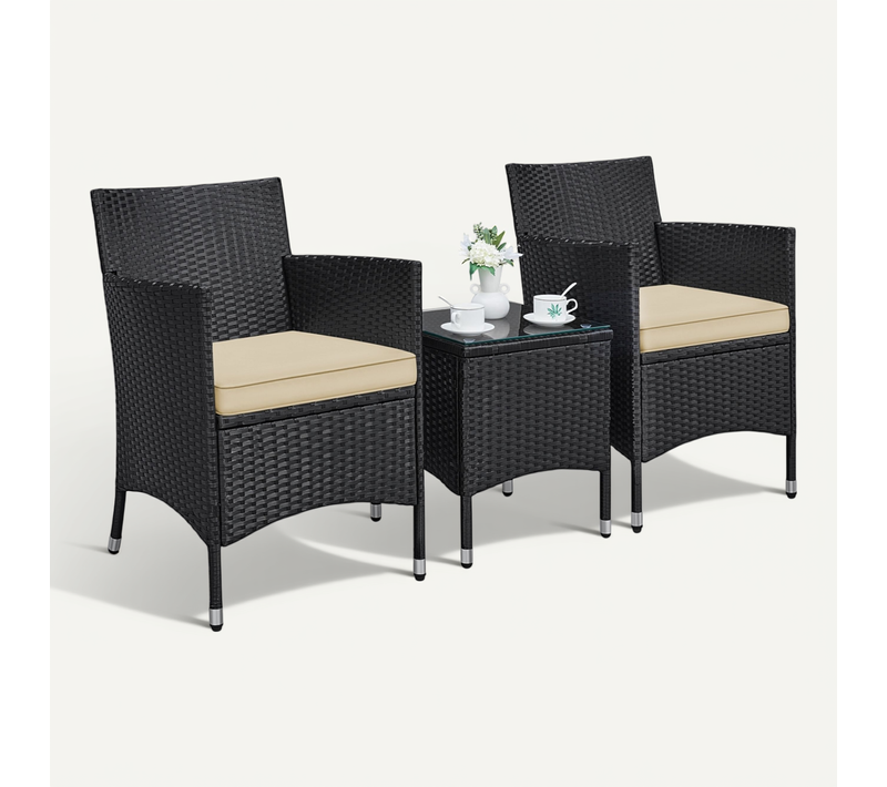 Salon De Jardin 2 Personnes En Rotin Polyester Avec 1 Table Basse Et 2 Fauteuils, Noir/kaki