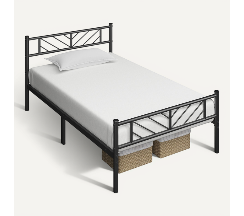 Cadre De Lit Simple En Métal Avec Tête De Lit Et Lattes De Support, 90×190 Cm Noir