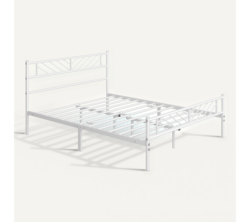 Cadre De Lit Double 140×200 Cm En Métal Avec Tête De Lit Design V Et Lattes De Support, Blanc