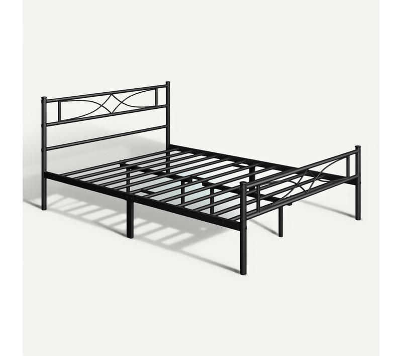 Cadre De Lit Double 140×200 Cm En Métal Avec Tête De Lit Et Lattes Pieds De Support, Noir