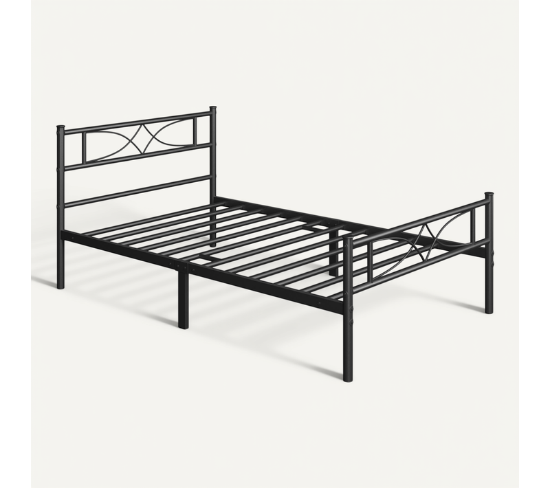Cadre De Lit Simple En Métal Avec Tête De Lit Et Lattes Pieds De Support, 90×200 Cm Noir