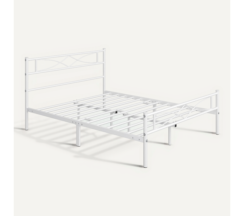 Cadre De Lit Double 140×200 Cm En Métal Avec Tête De Lit Et Lattes Pieds De Support, Blanc
