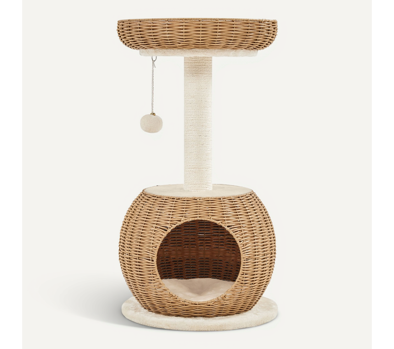 Arbre à Chat En Rotin Avec Cachette Ronde Panier Supérieur Griffoir En Sisal, Beige