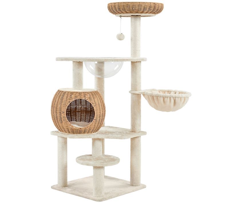 Arbre à Chat En Rotin Avec Cachette Ronde Perchoir Paniers Griffoir En Sisal, Beige