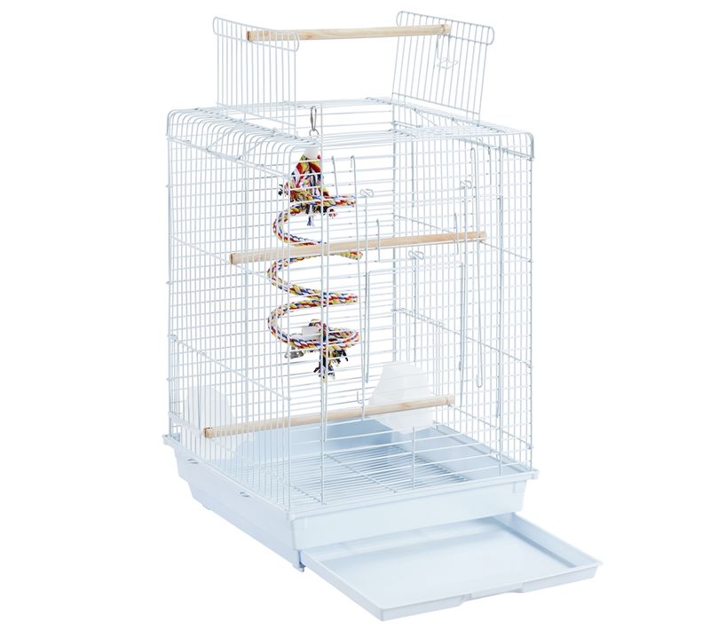 Cage à Oiseaux En Métal Avec Jouet, 3 Perchoirs, 2 Mangeoirs Et 1 Toit Ouvert, Blanc