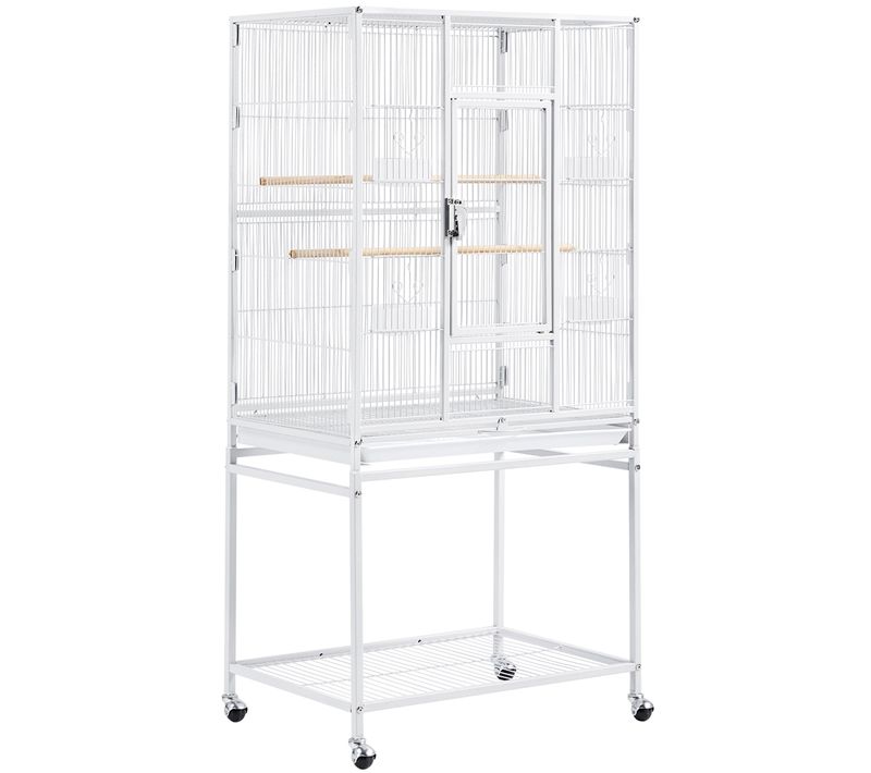 Grande Cage à Oiseaux Sur Pied En Métal Avec Loquet Robuste Et Étagère De Rangement, Blanc