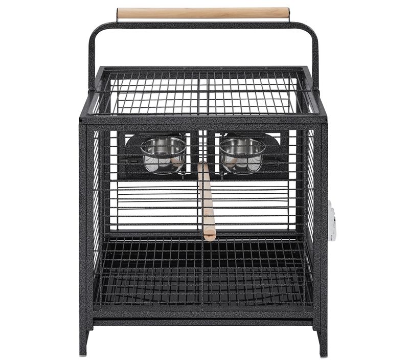 Cage De Voyage En Métal Avec Perchoir Poignée, Attrape-graines Et 2 Mangeoires, Noir