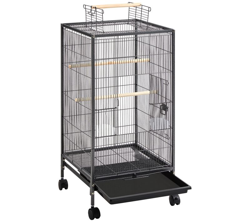 Cage à Oiseaux Sur Pied En Métal Avec Roulettes Et Fond Amovible, Noir