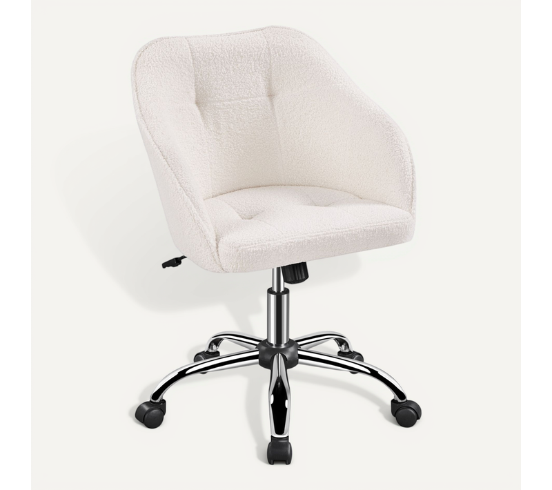 Chaise De Bureau En Tissu Bouclette Avec Roulettes Et Hauteur D'assise Réglable, Ivoire