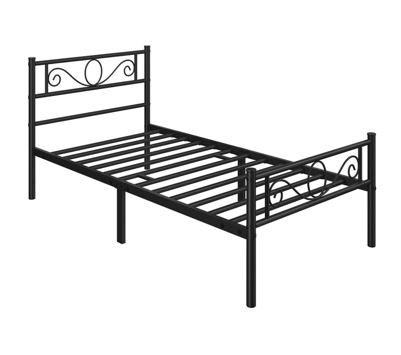 Cadre De Lit Simple 90×200 Cm En Métal Avec Sommier Et Haute Tête De Lit, Noir