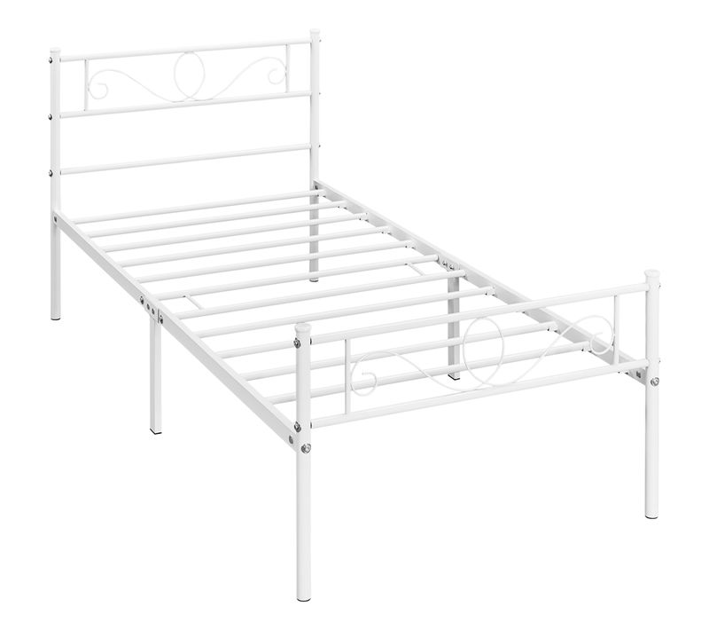 Cadre De Lit Simple 90×200 Cm En Métal Avec Sommier Et Haute Tête De Lit, Blanc