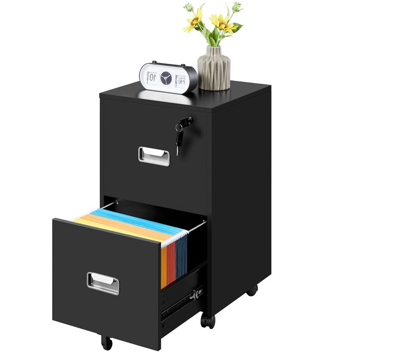 Caisson De Bureau à Roulettes En Bois Avec 2 Tiroirs Pour Dossiers Format A4/format Lettre, Noir