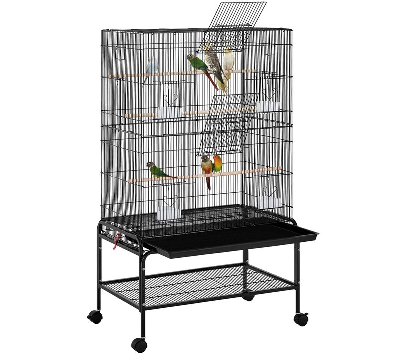 Grande Cage Pour Oiseau Sur Pied Avec Roulettes Et 2 Étagères Avec Support, Noir