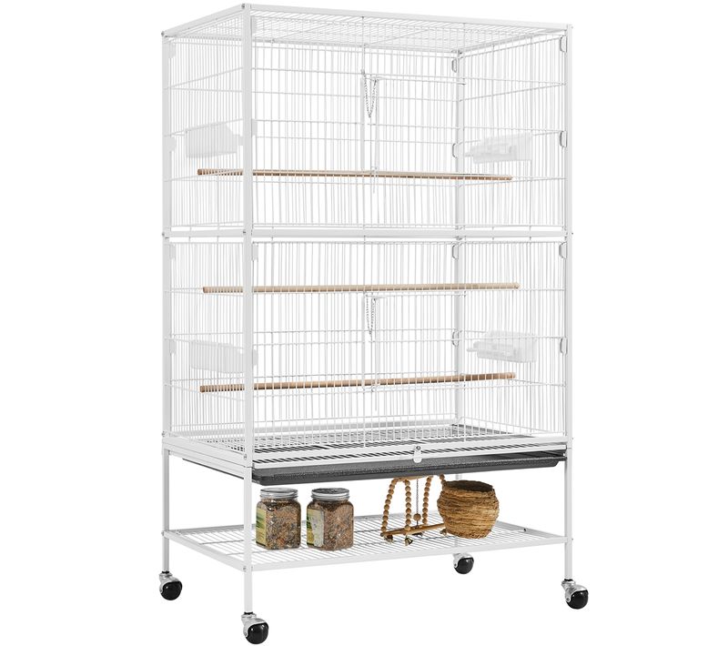 Cage à Oiseaux En Métal Avec Support Roulant, Étagère De Rangement Et Fond Amovible, Blanc