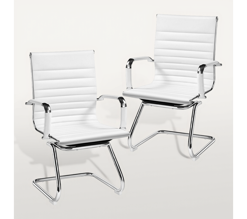 Lot De 2 Chaises Visiteur En Similicuir Avec Accoudoir Recouverts Et Base En Métal, Blanc