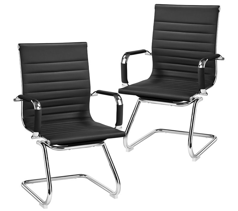 Lot De 2 Chaises Visiteur En Similicuir Avec Accoudoir Recouverts Et Base En Métal, Noir
