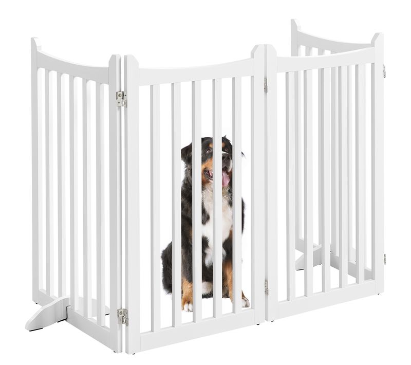 Barrière De Sécurité Chien Pliable En Bois à 4 Panneaux Avec 2 Pieds De Support, Blanc