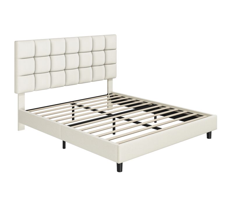 Lit Double Rembourré 140x200cm, Avec Tête De Lit Réglable En Hauteur, En Bois Et Métal, Beige