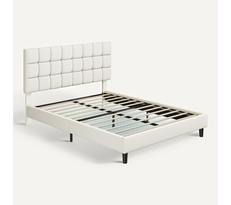 Cadre De Lit Capitonné Carré Tête De Lit Réglable En Hauteur Lit Double 160 × 200 Cm Beige