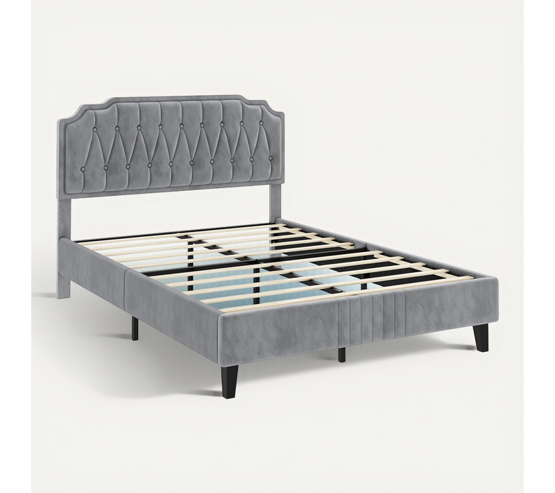 Lit Double Classique En Bois Massif Avec Sommier Et Tête De Lit, 140 × 200 Cm, Gris Clair