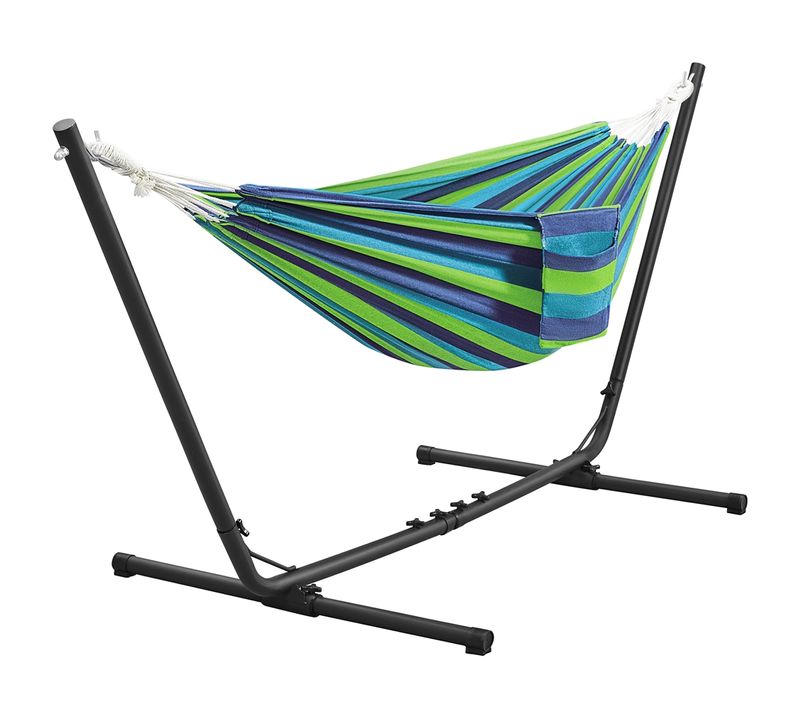 Hamac Double Sur Pied Avec Support En Métal Charge Maximale 205 Kg, Rayures Bleu-vert