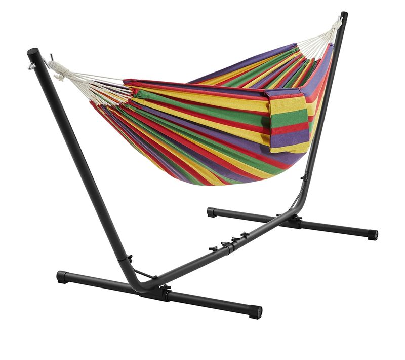 Hamac Double Sur Pied Avec Support En Métal Charge Maximale 205 Kg, Rayures Arc-en-ciel