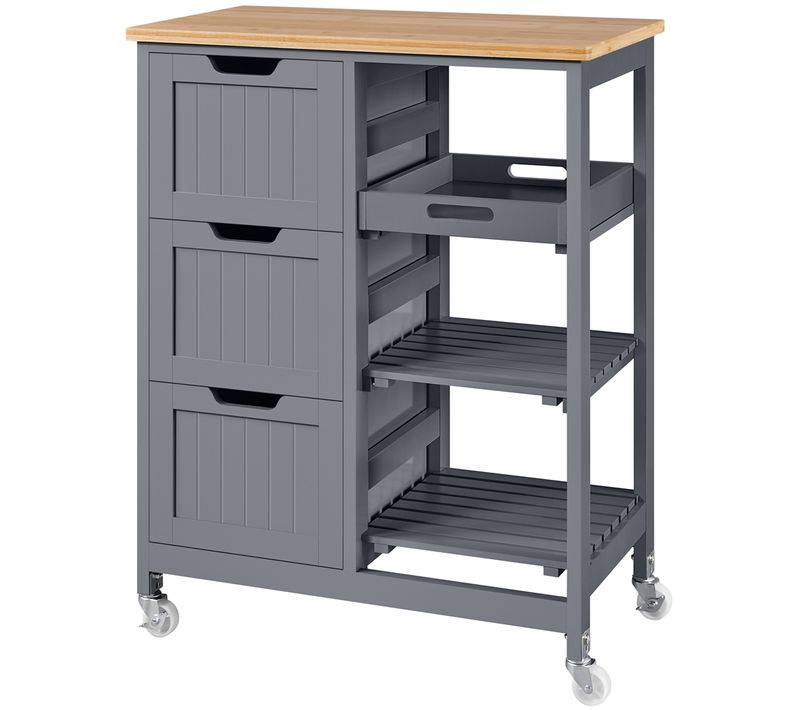 Chariot à Roulettes Cuisine En Bois Avec 3 Tiroirs Et 3 Etagères, Gris Foncé