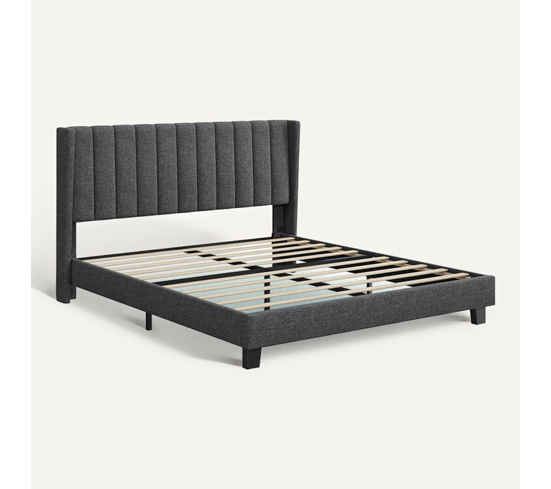 Lit Double Moderne En Bois Et Métal Avec Tête De Lit à Oreilles, 160 × 200 Cm , Gris Foncé