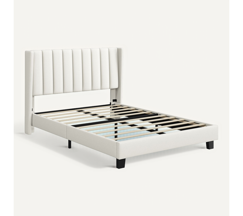 Lit Double Rembourré/capitonné Avec Sommier En Bois/métal, Cadre De Lits Adultes 140 × 200 Cm Beige