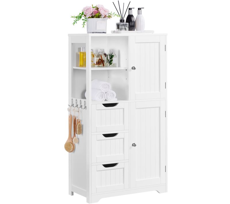 Armoire Rangement Salle De Bain 60 × 30 × 107 Cm, 3 Tiroirs 2 Casiers 4 Crochets Étagère Réglable