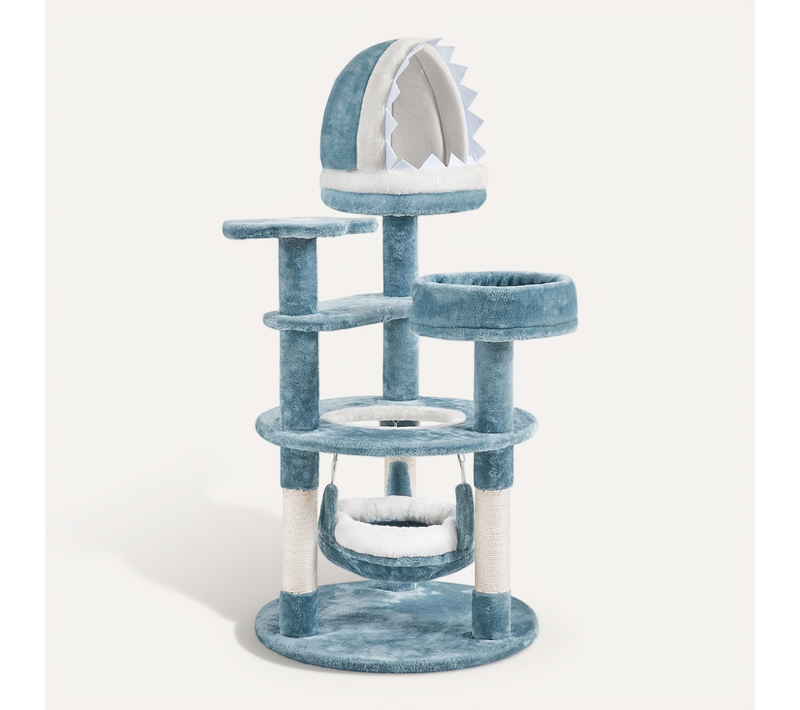 Petit Arbre à Chat Avec Niche Effet Requin, Hamac, Perchoir Et Poteau En Sisal, Bleu/blanc