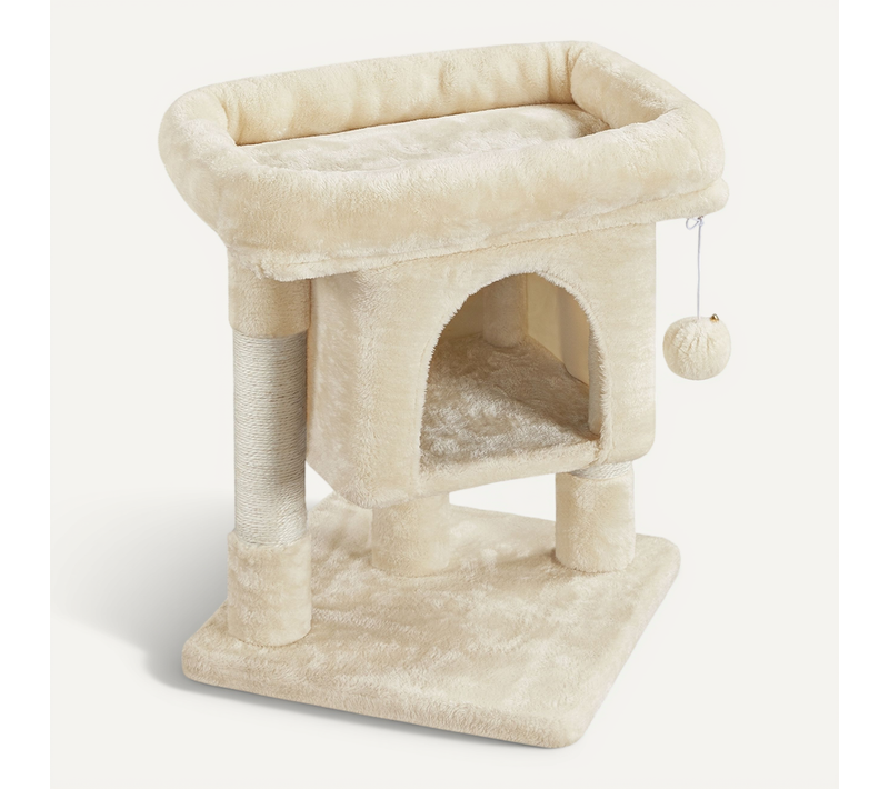 Petit Arbre à Chat 2 Niveaux Avec Cachette Perchoir Niche Poteaux Griffoir Pompon, Beige