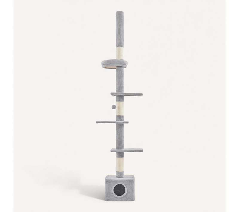 Arbre à Chat Plafond Réglable En Hauteur Avec Cachette Et Griffoirs En Sisal, Gris Clair