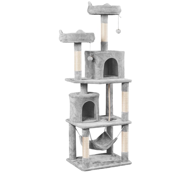 Arbre à Chat Multiniveau Griffoir Pour Chat Avec 2 Perchoirs 2 Grottes Lit Hamac, Gris Clair