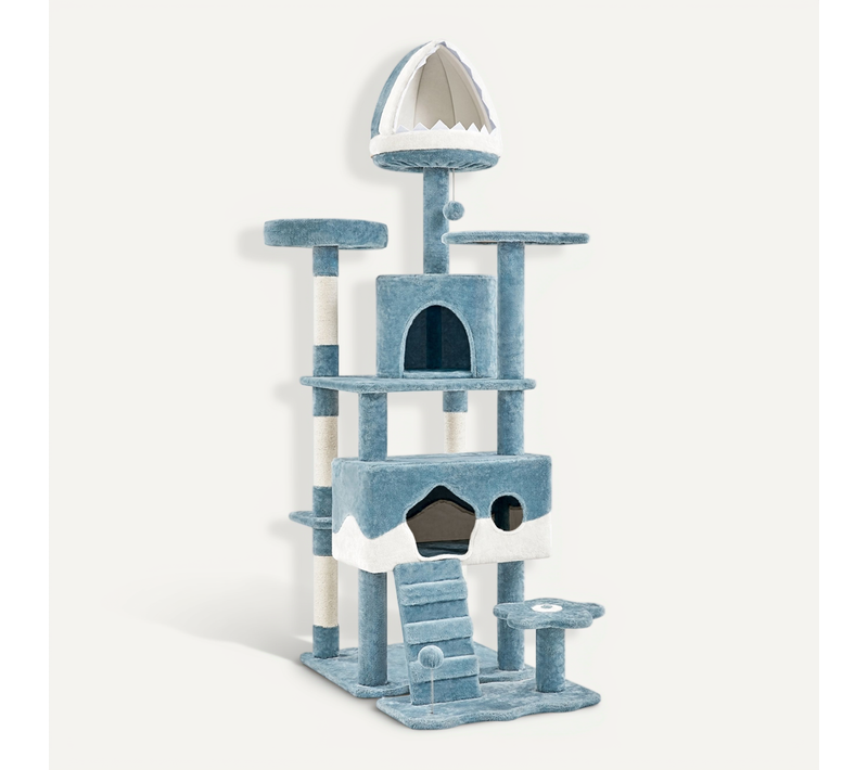 Grand Arbre à Chat Design Océan En Peluche Avec Niche Cachettes Perchoirs Rampe, Bleu / Blanc