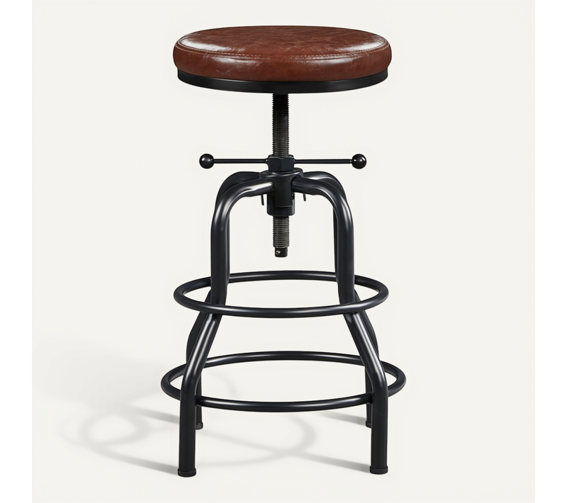 Tabouret De Bar Industriel En Similicuir Réglable En Hauteur Avec Deux Repose-pieds, Marron