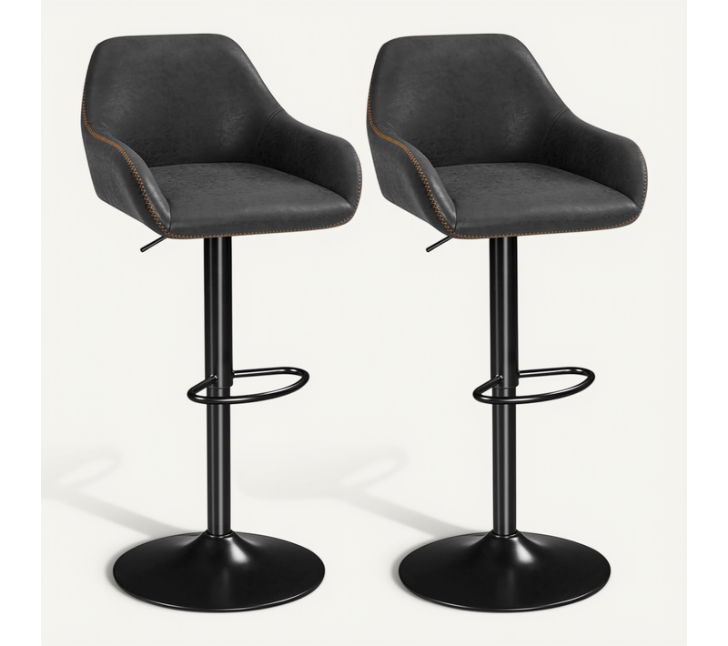 Lot De 2 Tabourets De Bar Vintage En Similicuir Pu Avec Dossier Et Repose-pied, Noir