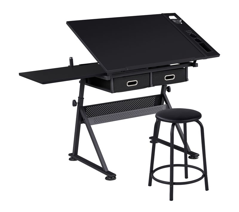 Table à Dessin Inclinable Avec Tabouret, Rallonge Rétractable Et Étagère De Rangement, Noir