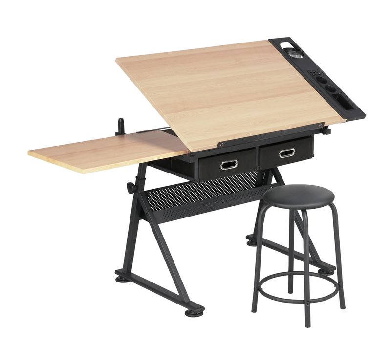 Table à Dessin Inclinable Avec Tabouret Et Rallonge Rétractable, Couleur Bois
