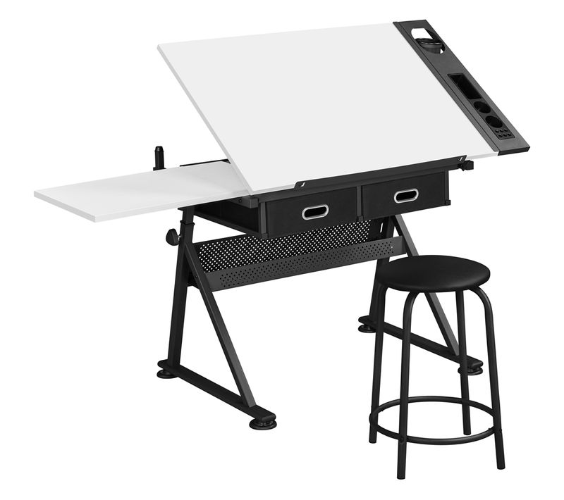 Table à Dessin Inclinable Avec Tabouret, Rallonge Rétractable Et Étagère De Rangement, Blanc