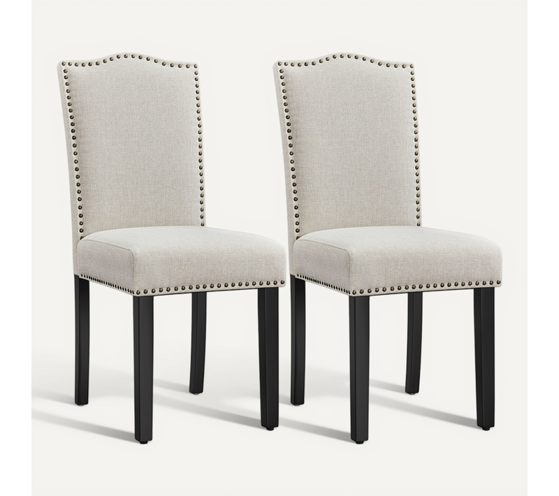 Lot De 2 Chaises De Cuisine En Tissu Avec Haut Dossier Et Pieds En Bois, Beige