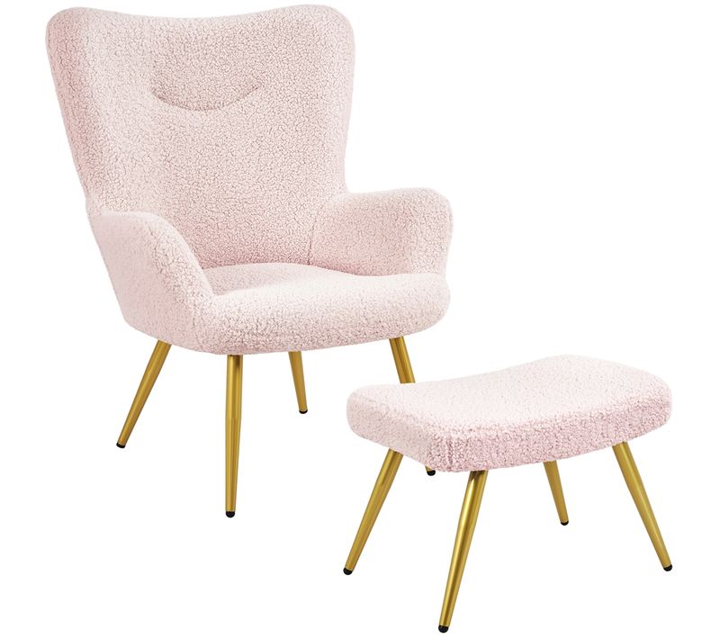 Fauteuil Avec Repose-pieds En Tissu Bouclé Avec Haut Dossier Enveloppant, Rose