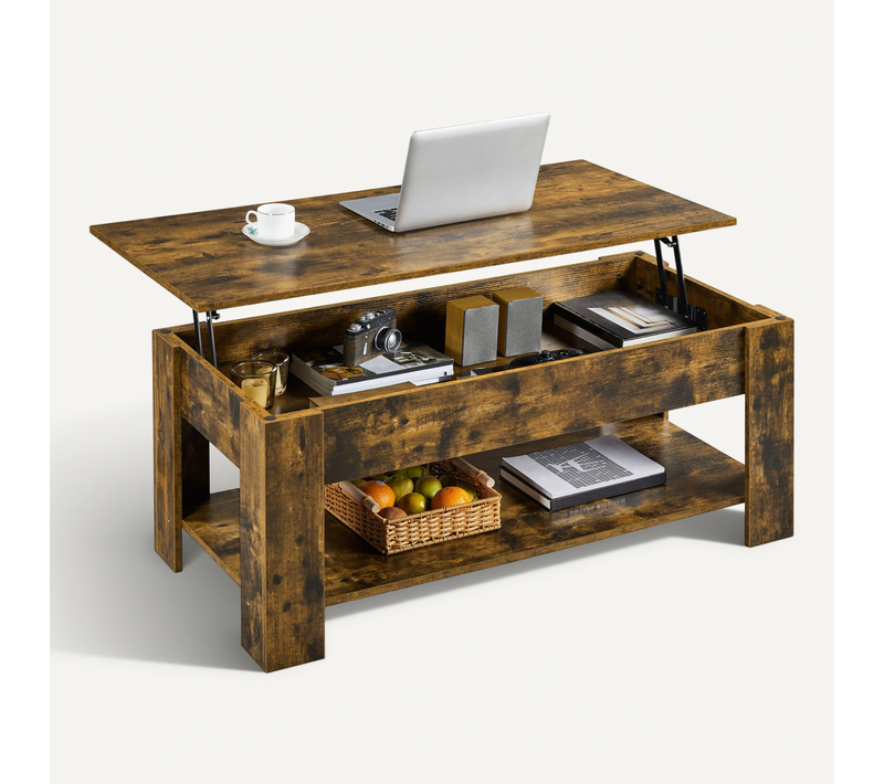 Table Basse à Plateau Relevable Avec Compartiment Caché Et Étagère De Rangement Brun Rustique